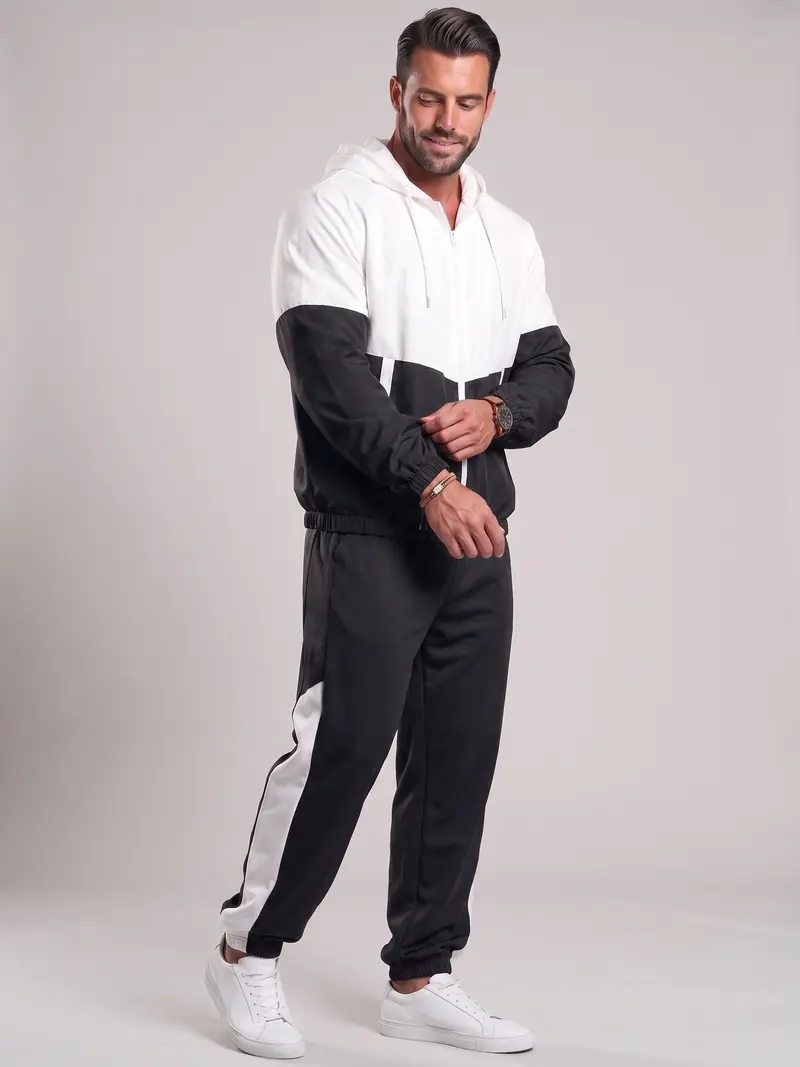 Men’s Colorblock French Terry Tracksuit – Zip-Up Hoodie & Jogger Pants Set