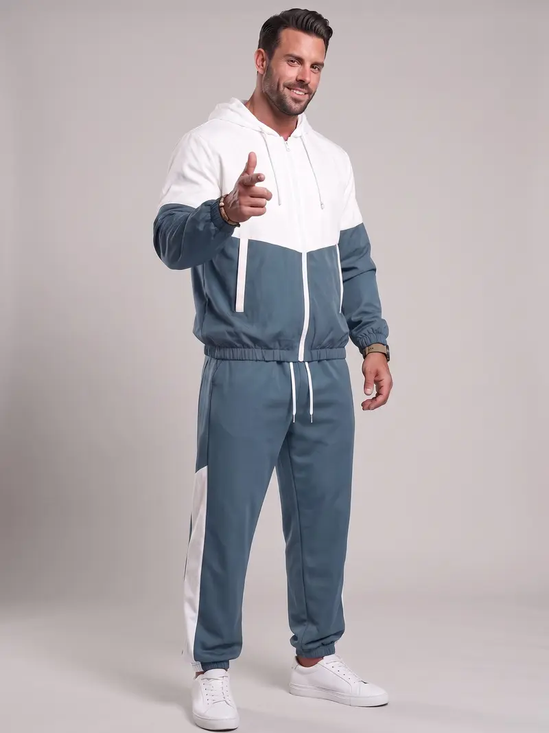 Men’s Colorblock French Terry Tracksuit – Zip-Up Hoodie & Jogger Pants Set