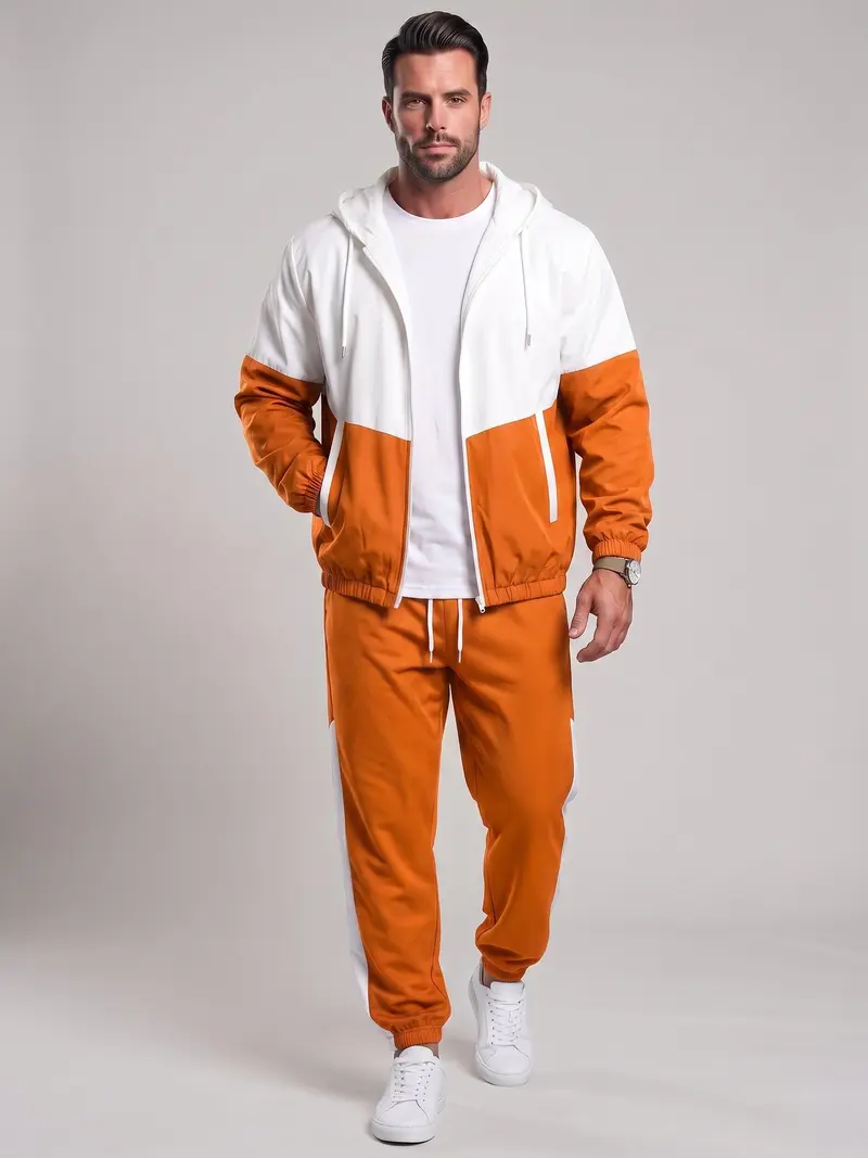 Men’s Colorblock French Terry Tracksuit – Zip-Up Hoodie & Jogger Pants Set