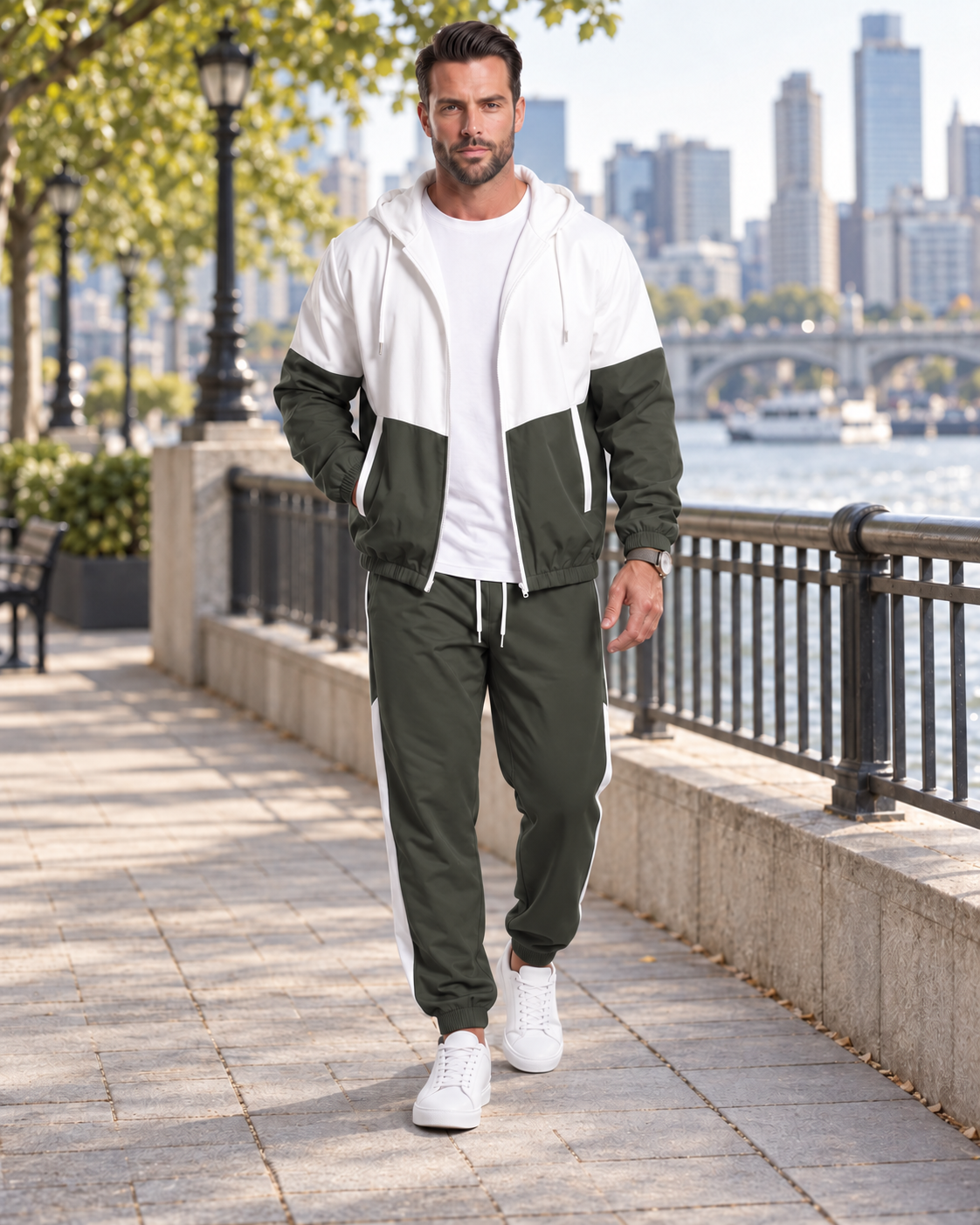 Men’s Colorblock French Terry Tracksuit – Zip-Up Hoodie & Jogger Pants Set
