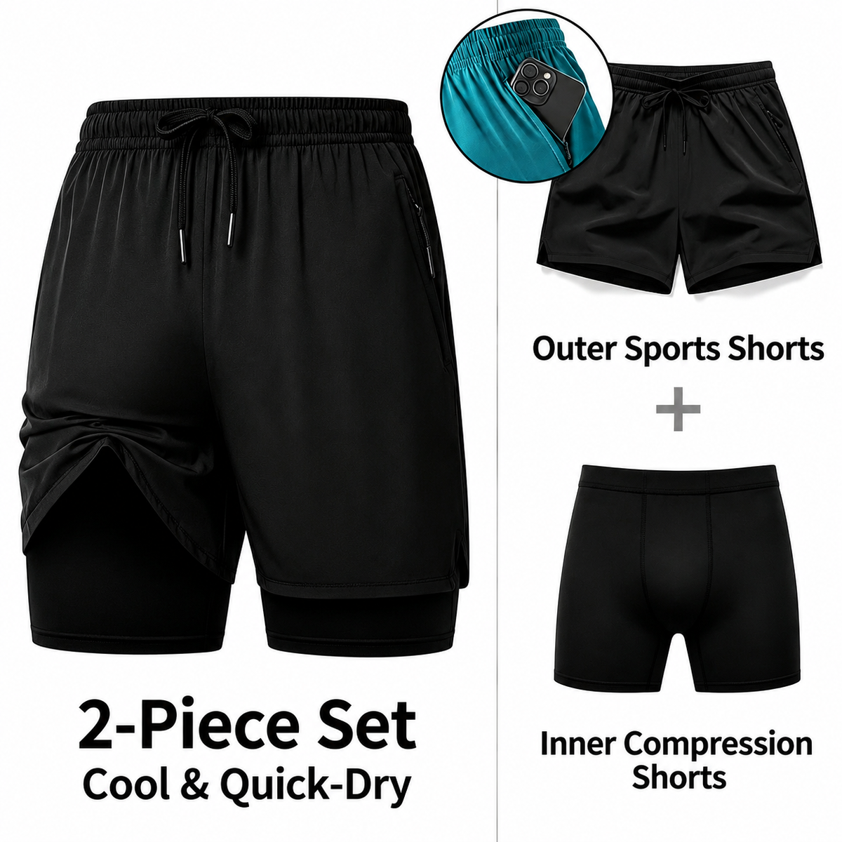 Men 2‑in‑1 Quick Dry Workout Shorts With Zipper Pockets