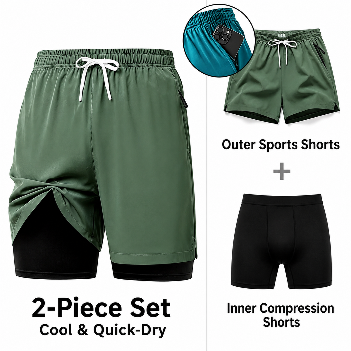 Men 2‑in‑1 Quick Dry Workout Shorts With Zipper Pockets