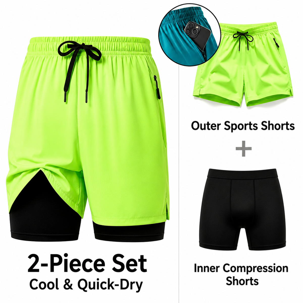 Men 2‑in‑1 Quick Dry Workout Shorts With Zipper Pockets