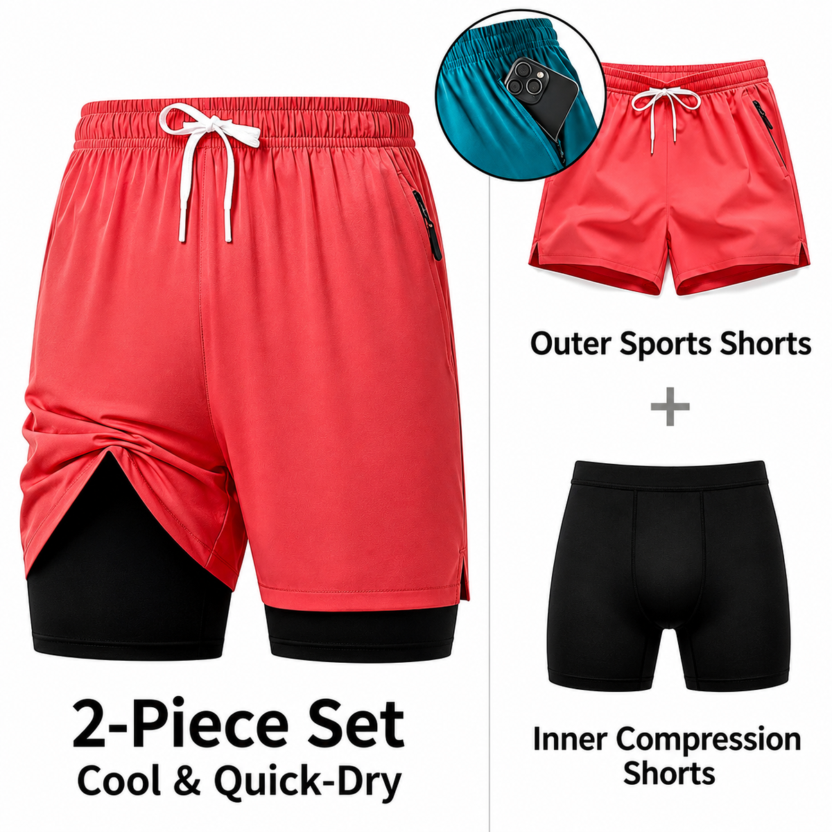 Men 2‑in‑1 Quick Dry Workout Shorts With Zipper Pockets