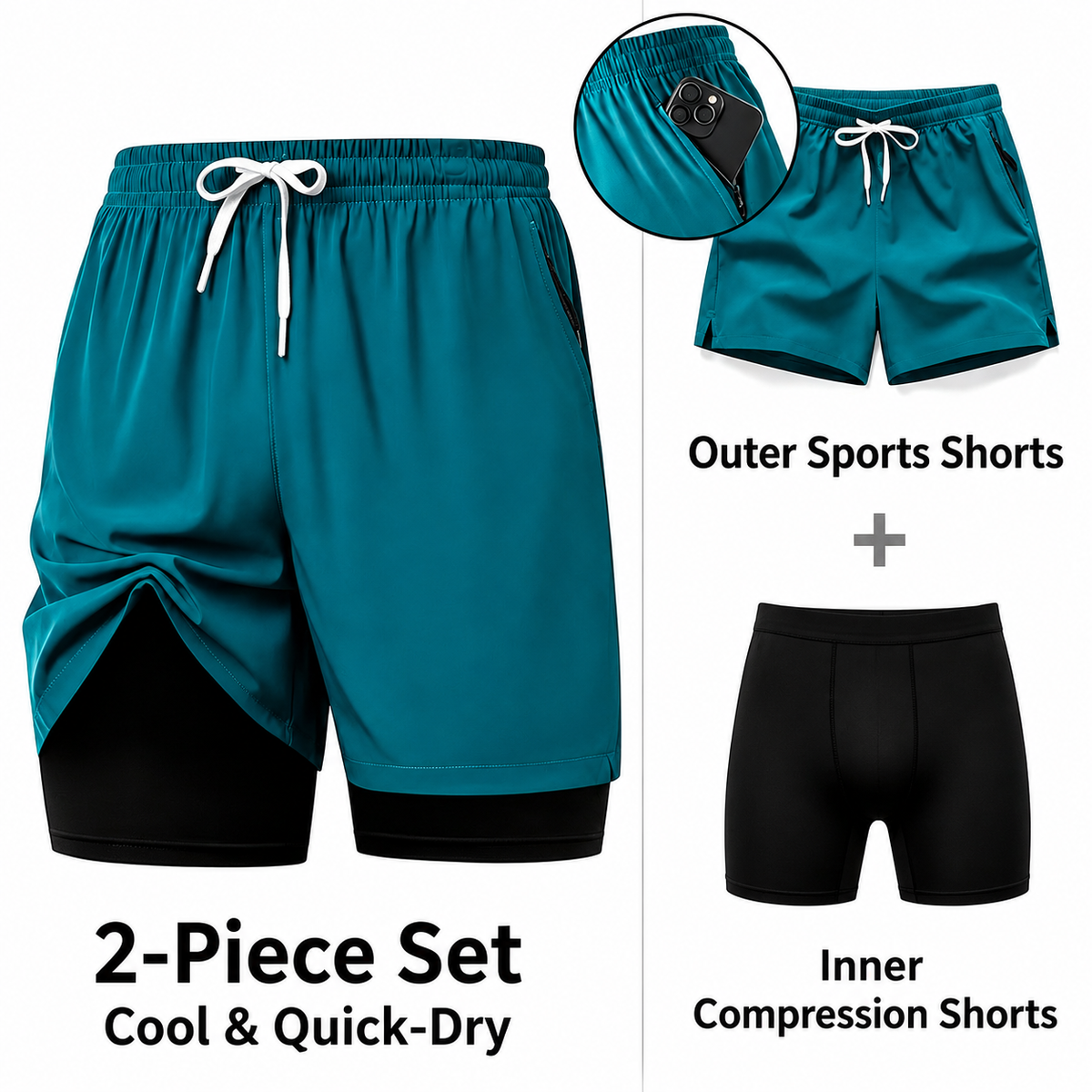 Men 2‑in‑1 Quick Dry Workout Shorts With Zipper Pockets