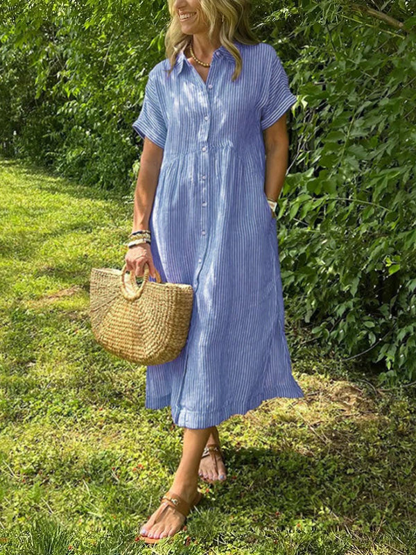 Striped Lapel Button Shirt Dress